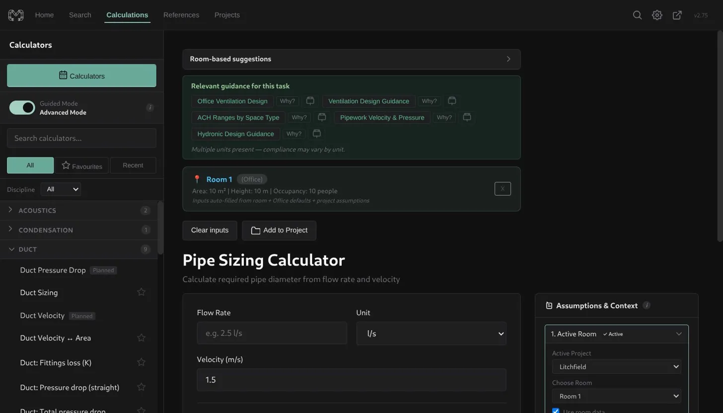 MEP Desk calculator with room-based suggestions and pipe sizing